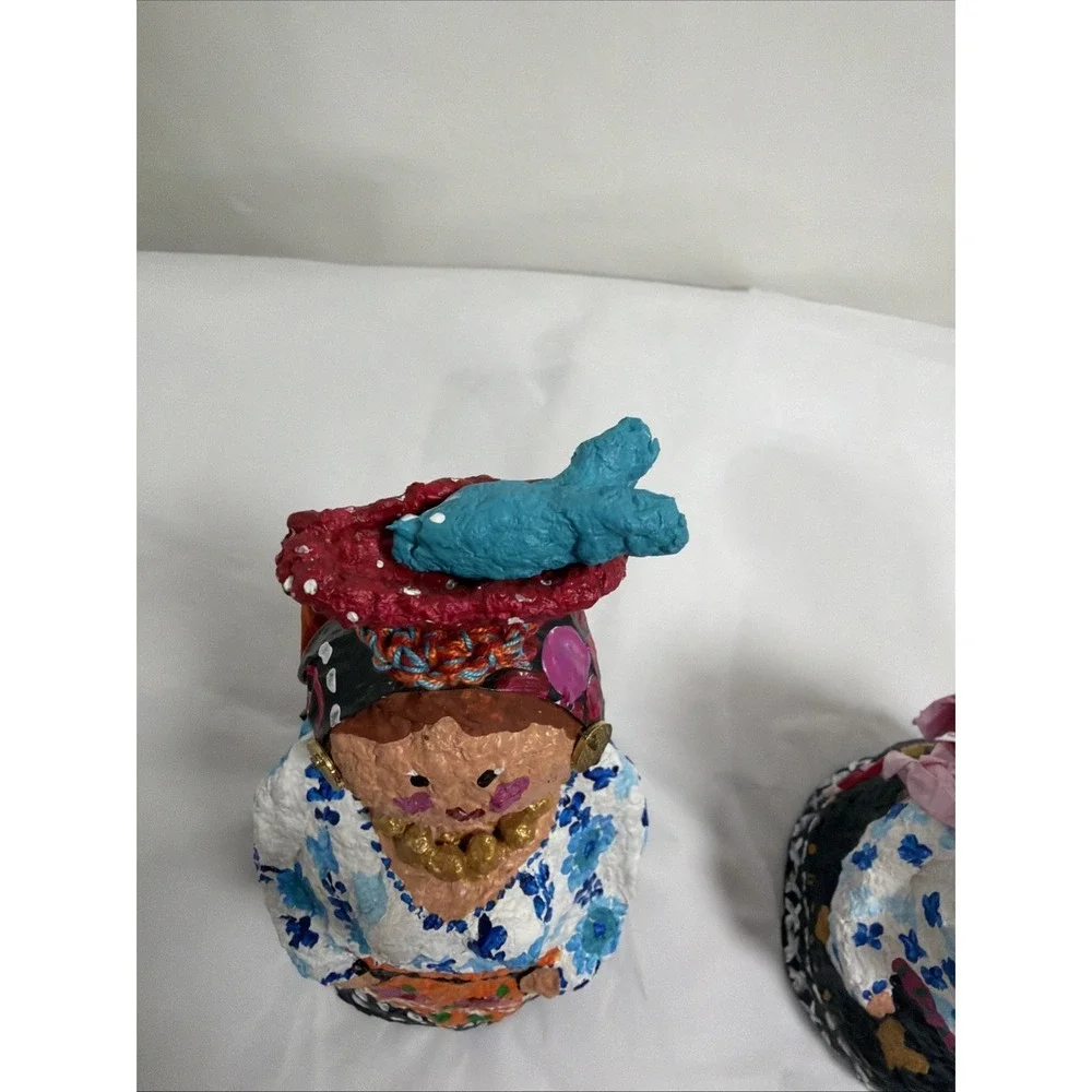 2 As Marioskus Da Teresa Paper Mache Doll Handpainted Girl Fish Scarves Jewelry